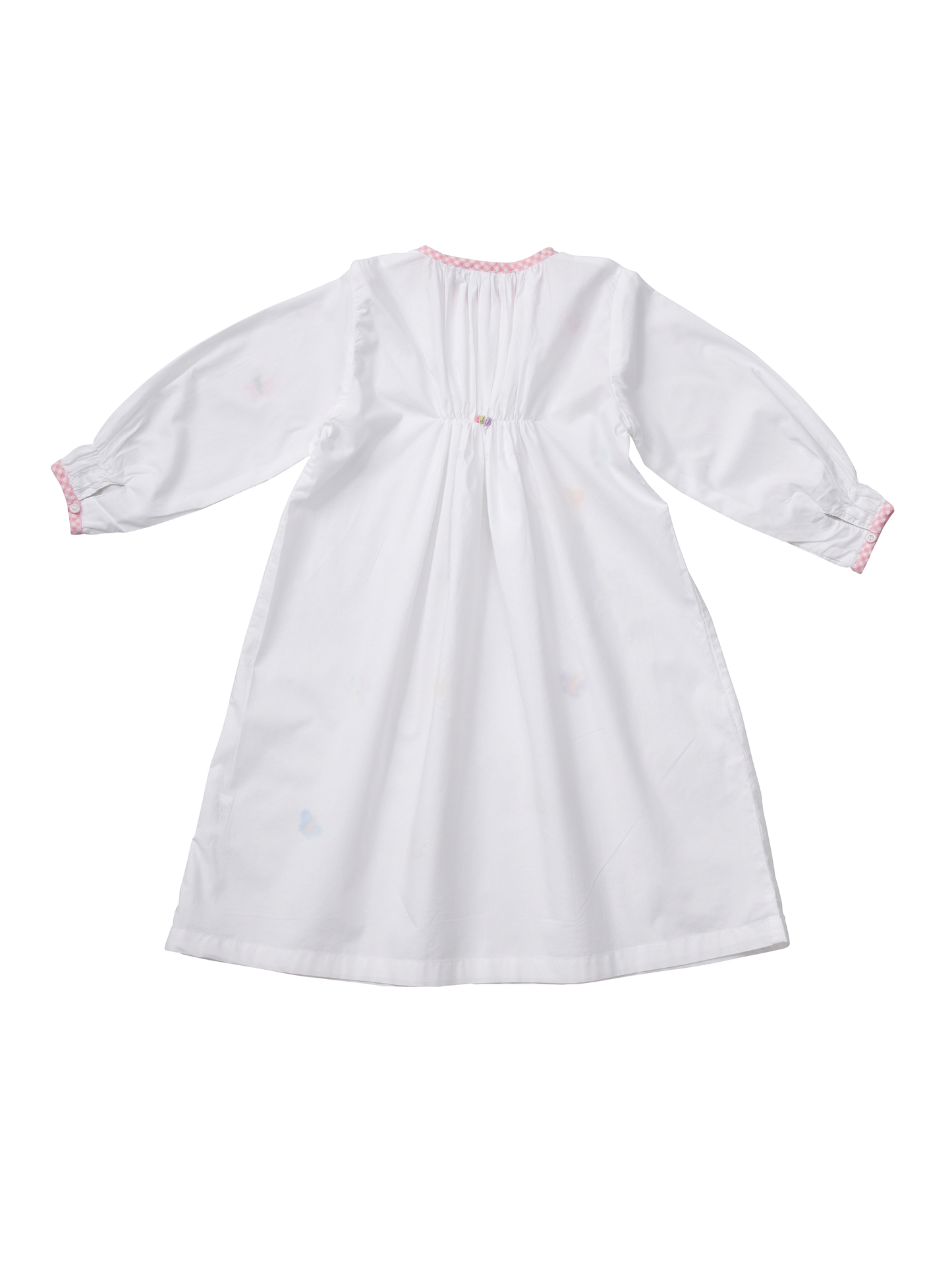 White long-sleeved children's nightie with colorful embroidered butterflies and pink gingham trim on the neckline and cuffs. Designed by TurQuaz.