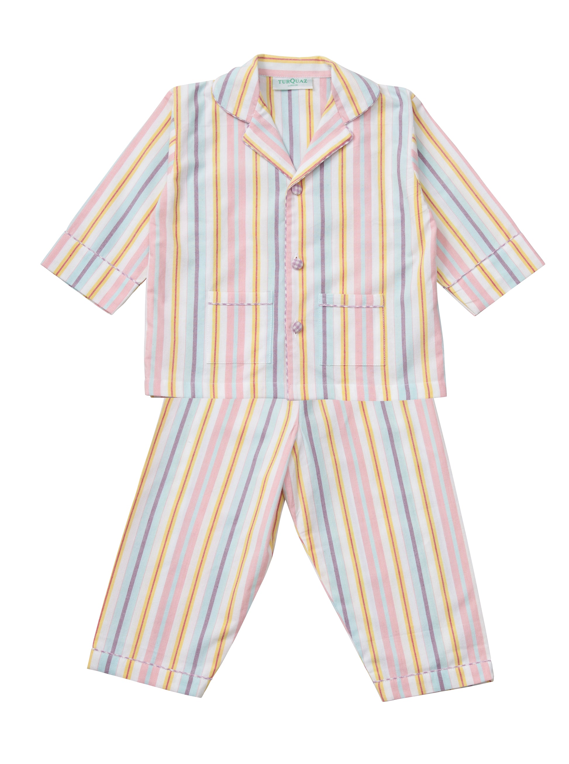 Cotton candy and all things nice, these stripe cotton pyjamas suit all children. From Turquaz. Full set.