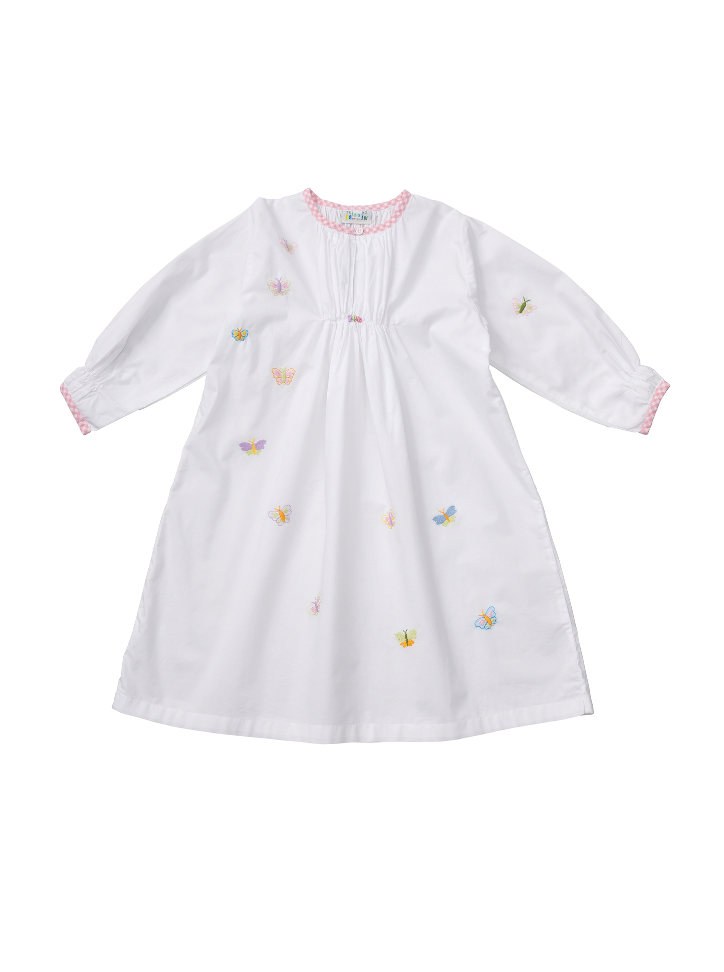 White long-sleeved children's nightie with colorful embroidered butterflies and pink gingham trim on the neckline and cuffs. Designed by TurQuaz.