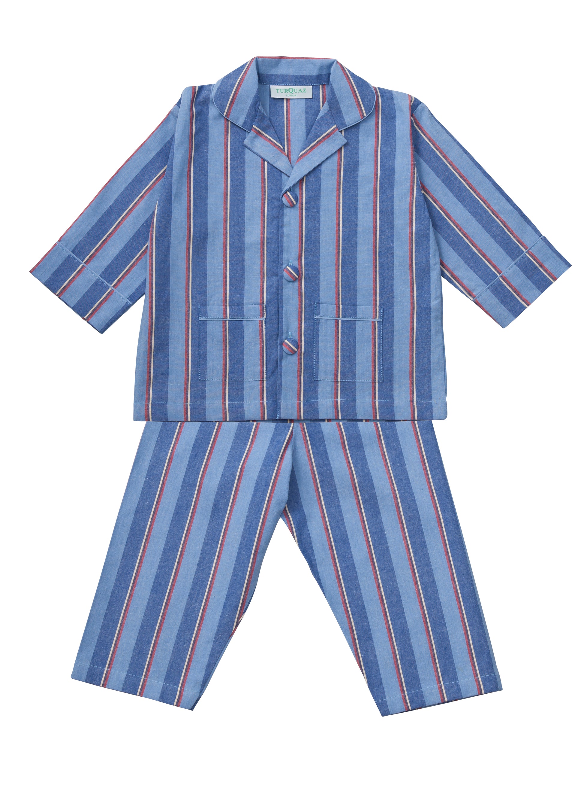 A classic blue and red striped cotton pyjama set for children from Turquaz.