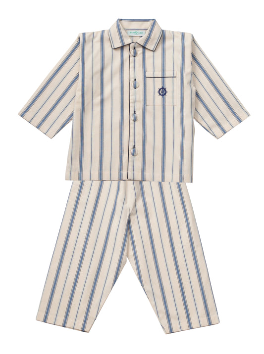 Henley blue and natural cotton striped children's pyjamas from Turquaz. 100% cotton.