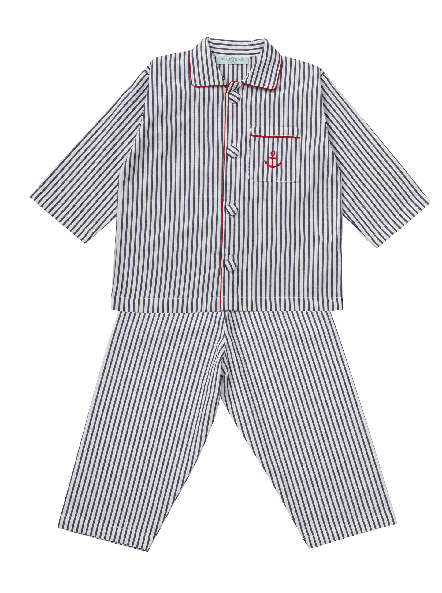 Classic striped cotton pyjama for children from Turquaz, with red trimming.