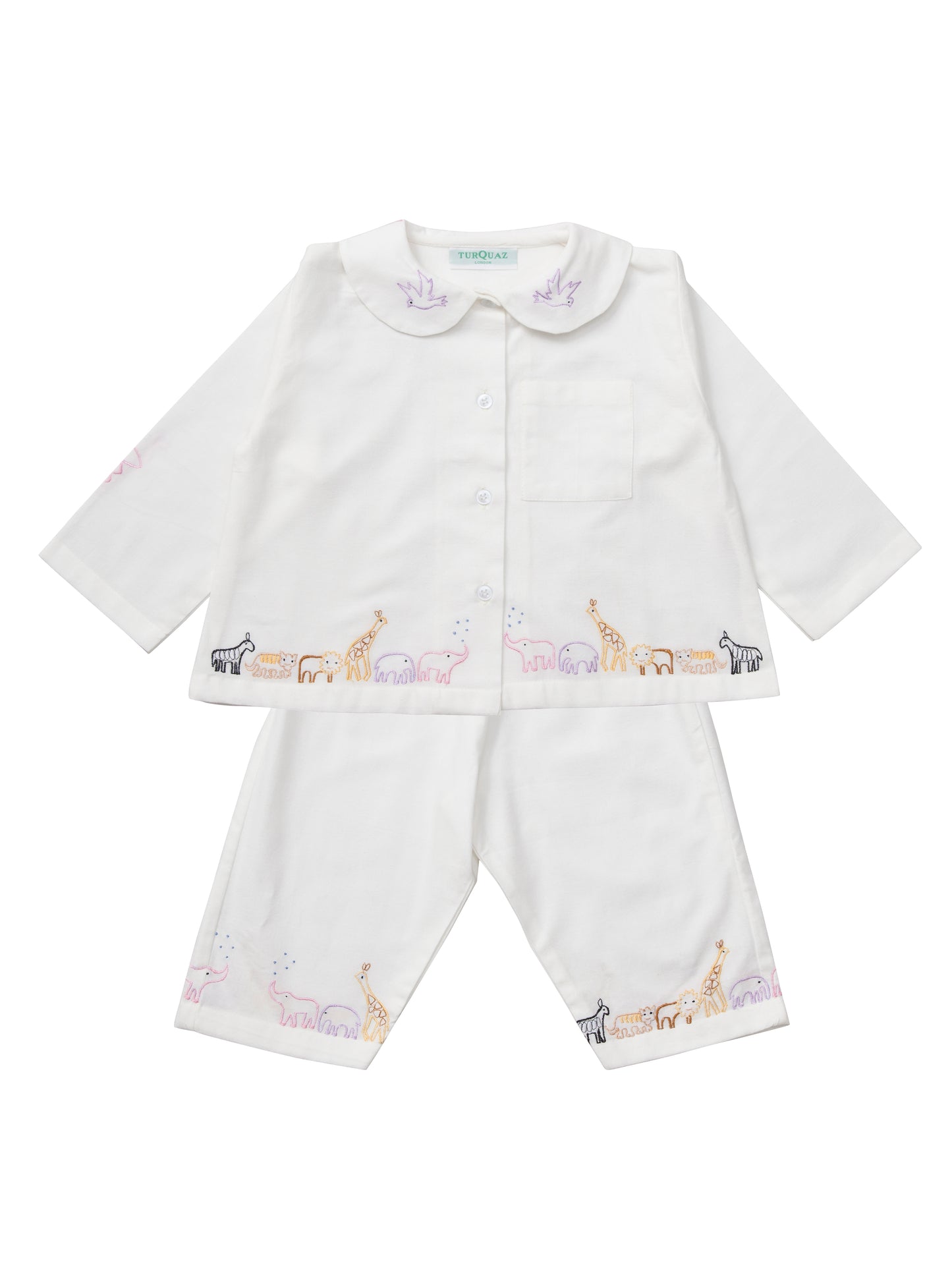 Children's pyjamas in brushed cotton with embroidered safrai animals.