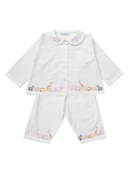 Children's pyjamas in brushed cotton with embroidered safrai animals.