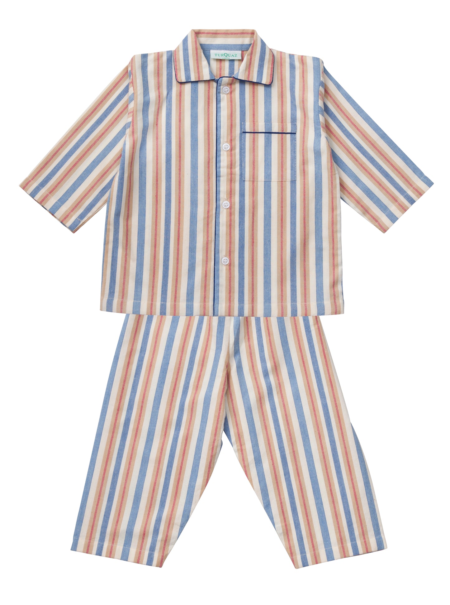 Pink, red and blue striped cotton pyjama set for children. From Turquaz.