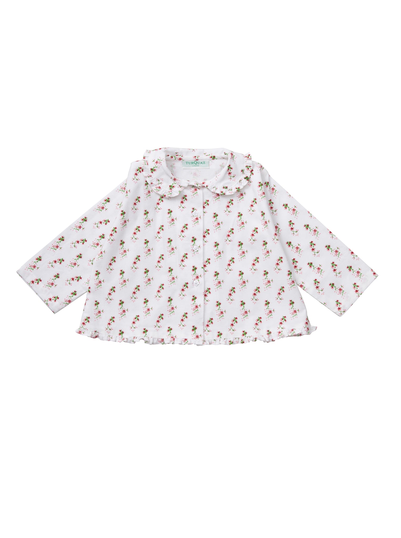 Classic floral print cotton pyjamas for children from Turquaz. Top front.