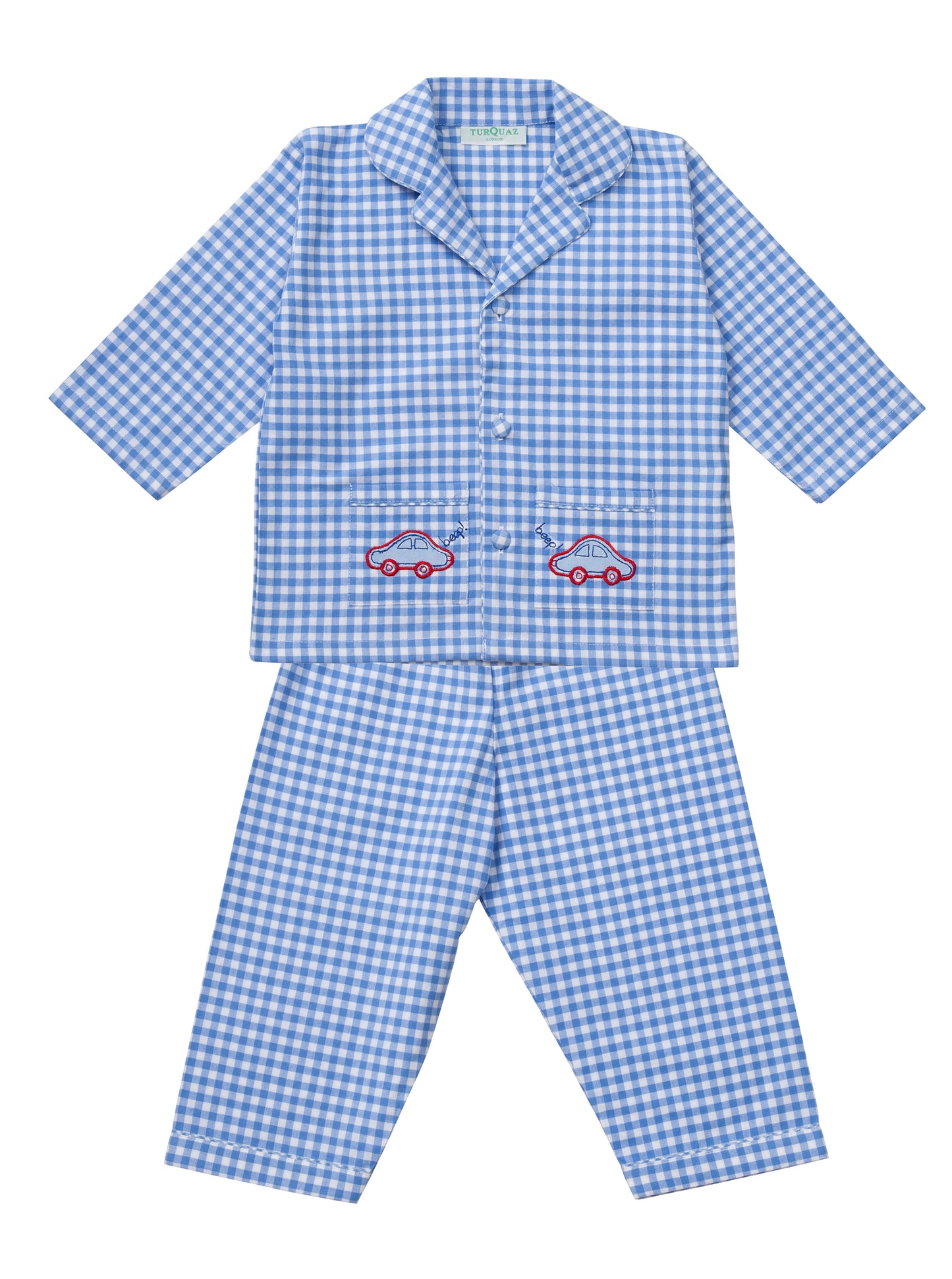 Classic blue gingham children's cotton pyjamas with car motif. Full set from Turquaz.