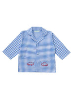 Classic red gingham children's cotton pyjamas with car motif. Top front. From Turquaz. 