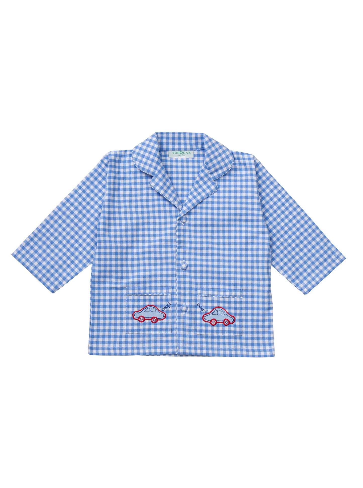 Classic red gingham children's cotton pyjamas with car motif. Top front. From Turquaz.