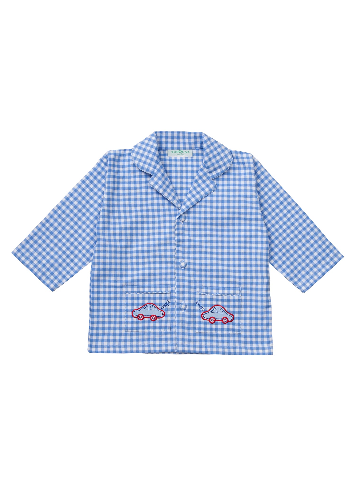 Classic red gingham children's cotton pyjamas with car motif. Top front. From Turquaz.