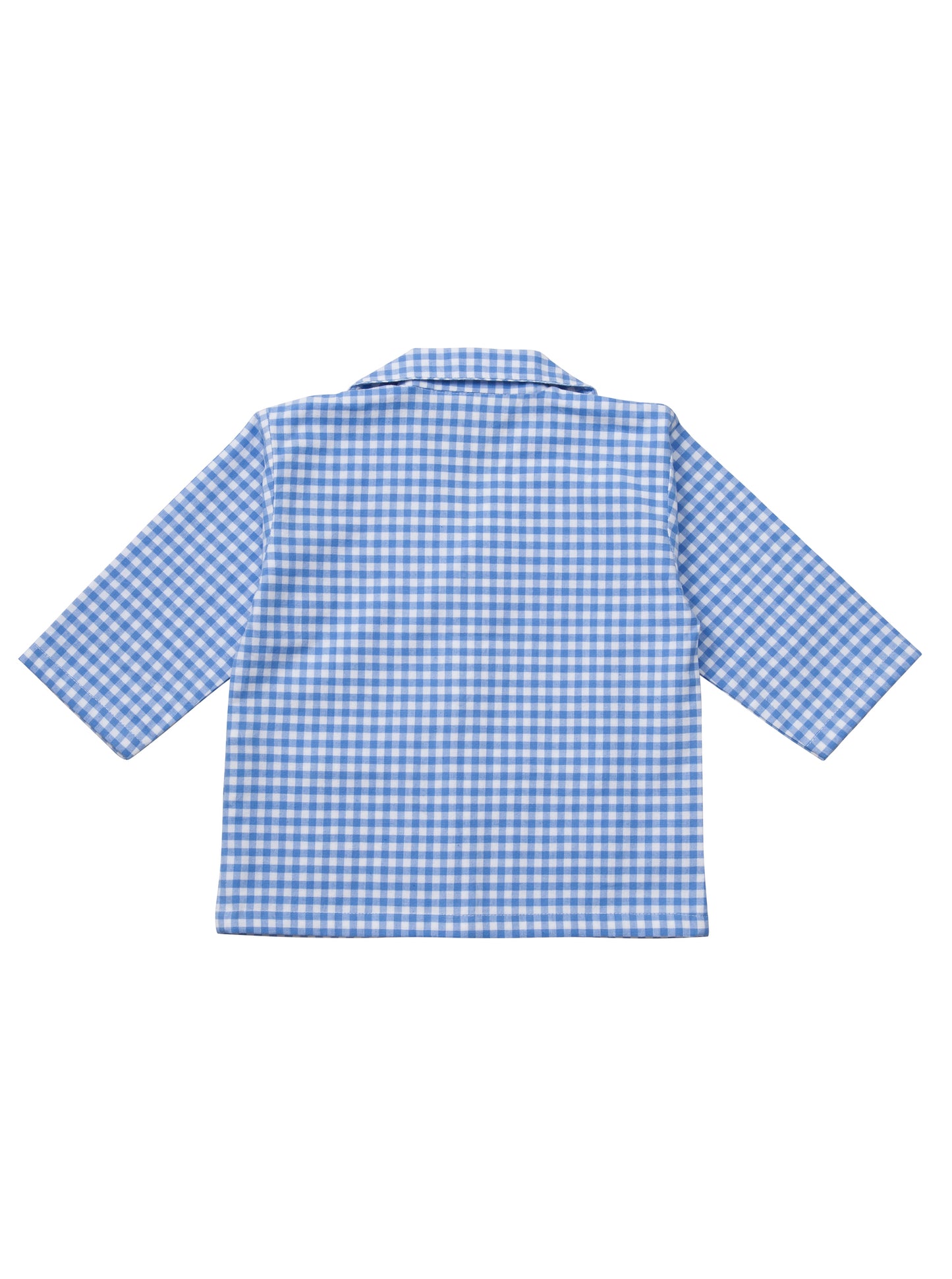 Classic red gingham children's cotton pyjamas with car motif. Front back. From Turquaz.