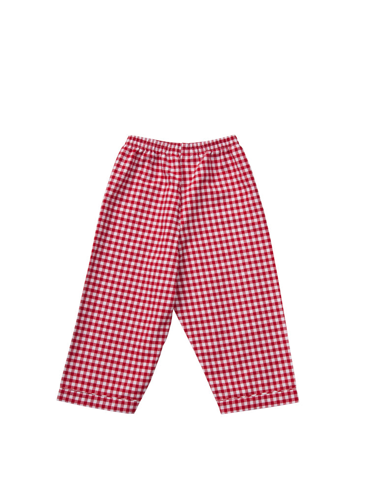 Classic red gingham children's cotton pyjamas with car motif. Bottoms. From Turquaz.