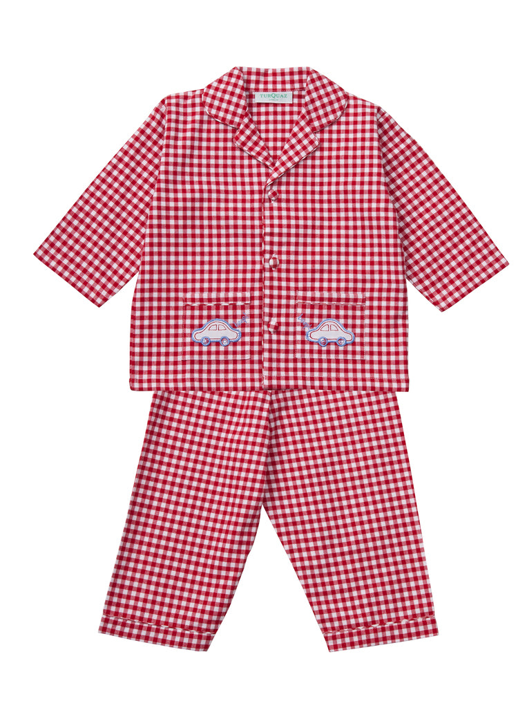Classic red gingham children's cotton pyjamas with car motif. Full set from Turquaz.
