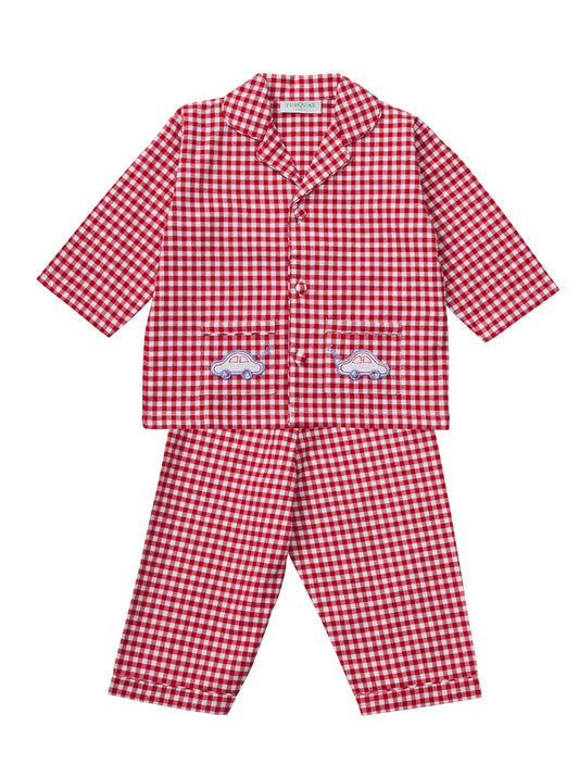 Classic red gingham children's cotton pyjamas with car motif. Full set from Turquaz. 