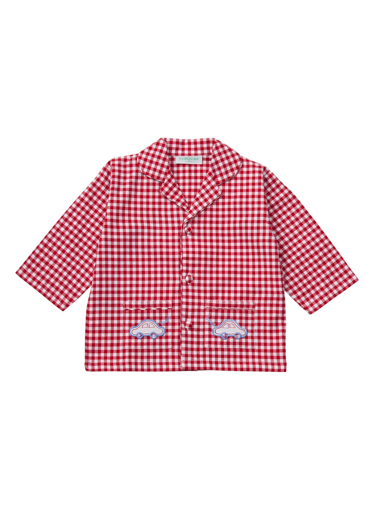 Classic red gingham children's cotton pyjamas with car motif. Top. From Turquaz.