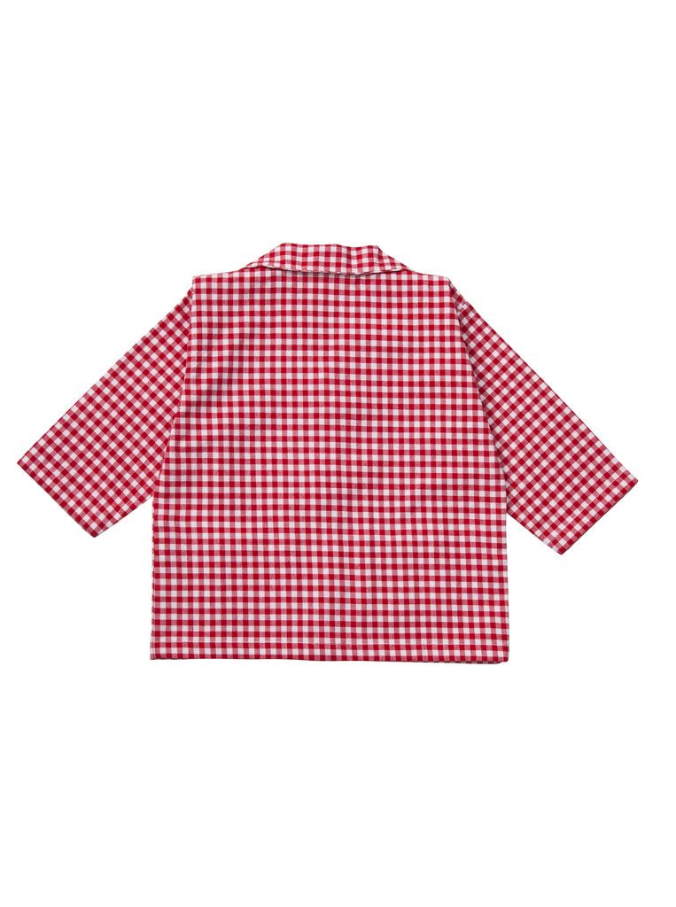 Classic red gingham children's cotton pyjamas with car motif. Top back. From Turquaz.
