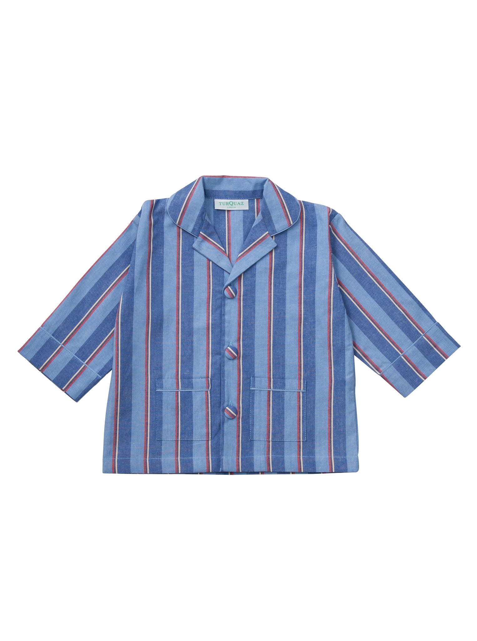 A classic blue and red striped cotton pyjama set for children from Turquaz.