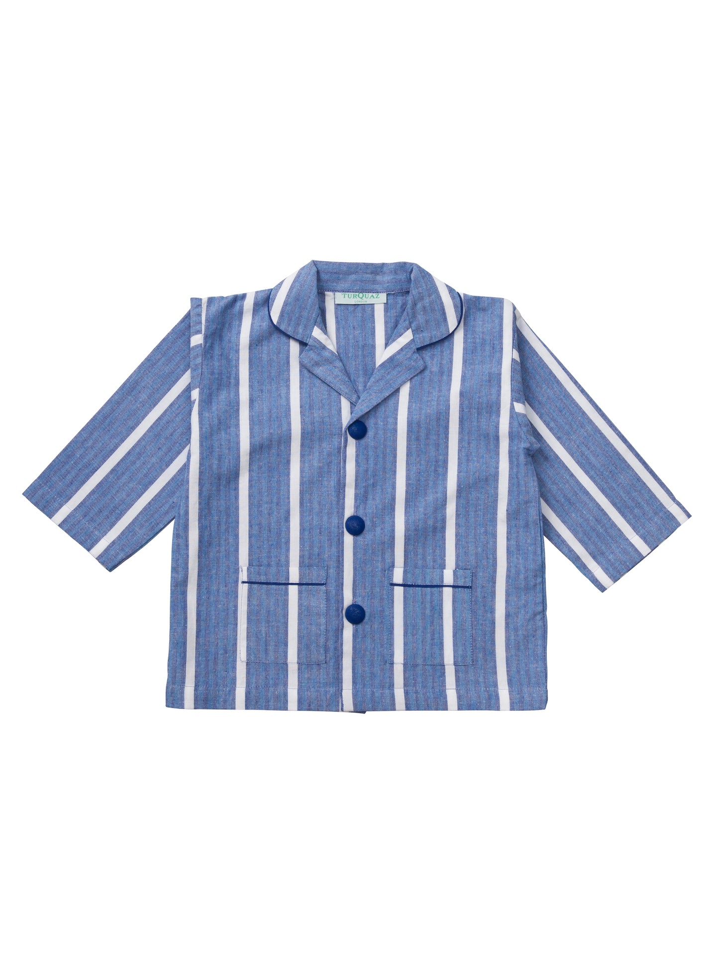 A classic chalk stripe blue cotton pyjama set for children from Turquaz.