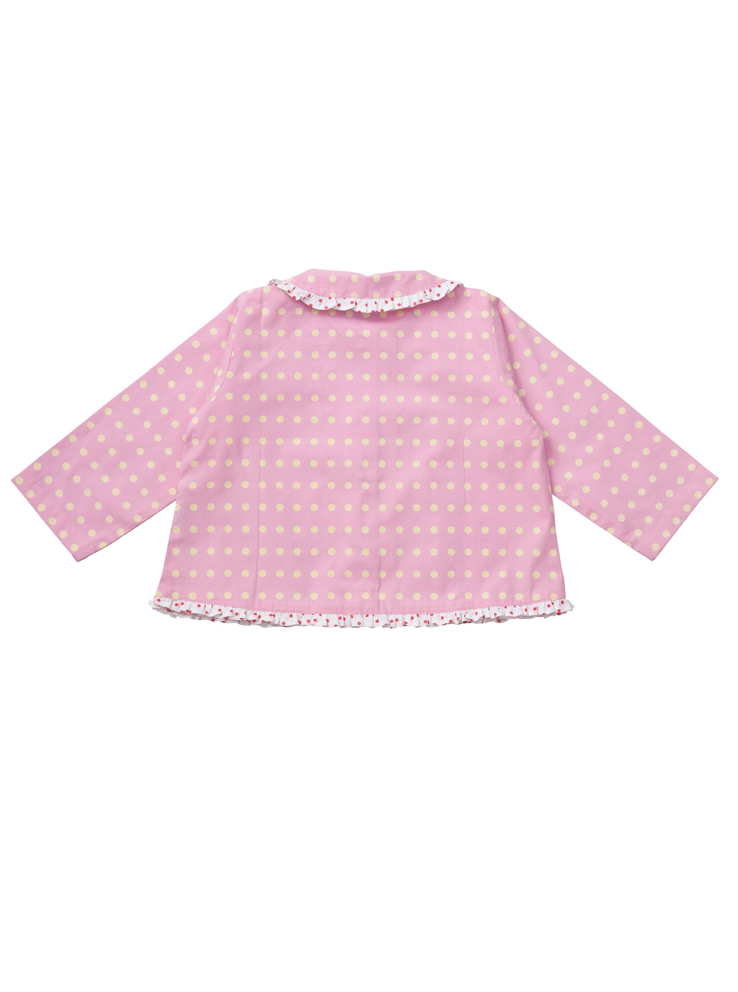 Pink polka-dot children's pyjamas from Turquaz, frilled collar and edging.