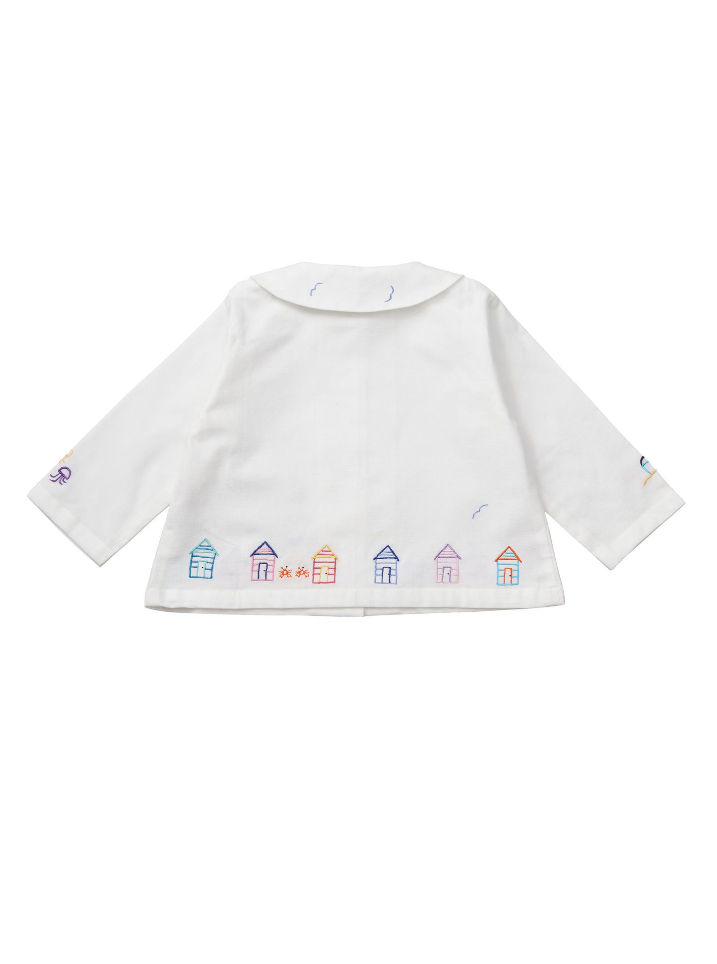 White cotton children's cropped pyjamas with a seaside theme.