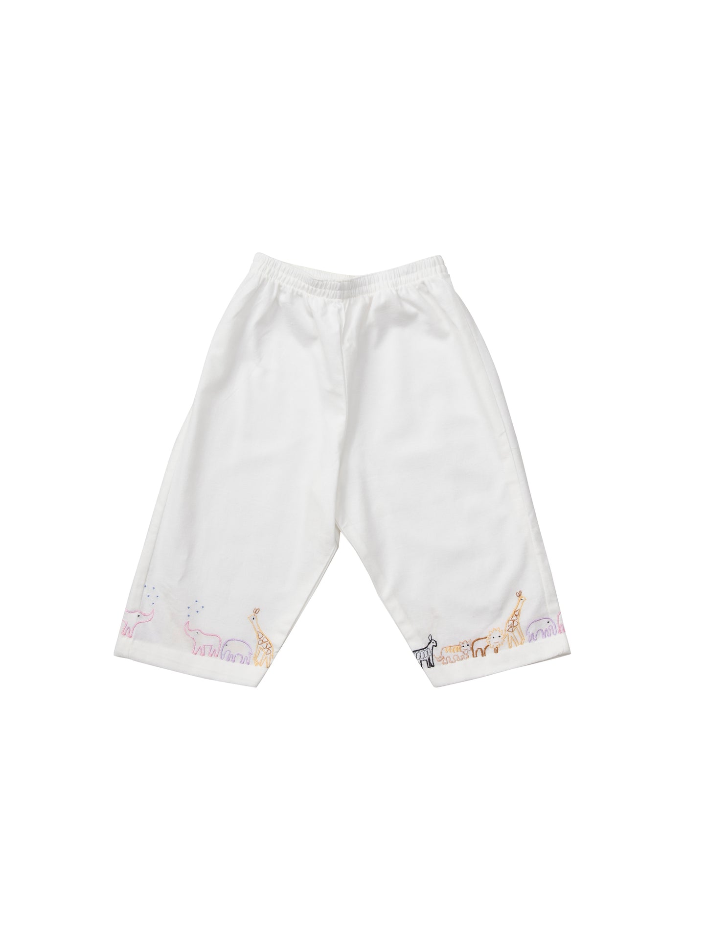 Traditionally styled white pyjamas, made in soft, brushed cotton. The top has lovely colourful animal embroidery, a peter pan collar, chest pocket and fastens with buttons on the front. The matching trousers have an elasticated waist and embroidery above the hem of the legs.