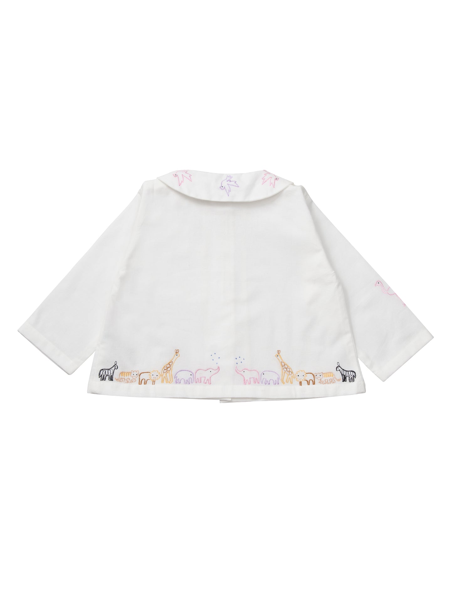 Traditionally styled white pyjamas, made in soft, brushed cotton. The top has lovely colourful animal embroidery, a peter pan collar, chest pocket and fastens with buttons on the front. The matching trousers have an elasticated waist and embroidery above the hem of the legs.