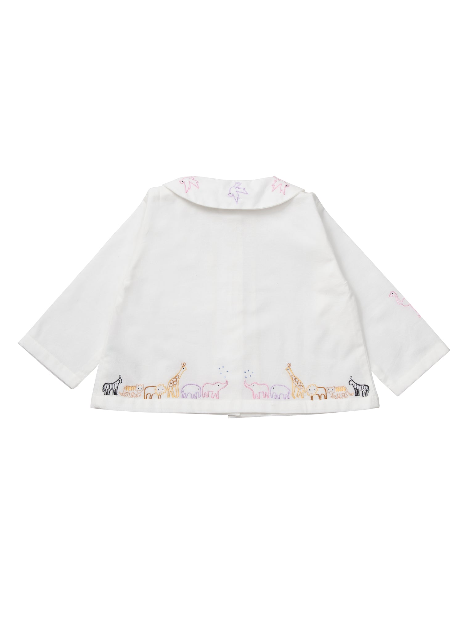 Traditionally styled white pyjamas, made in soft, brushed cotton. The top has lovely colourful animal embroidery, a peter pan collar, chest pocket and fastens with buttons on the front. The matching trousers have an elasticated waist and embroidery above the hem of the legs.