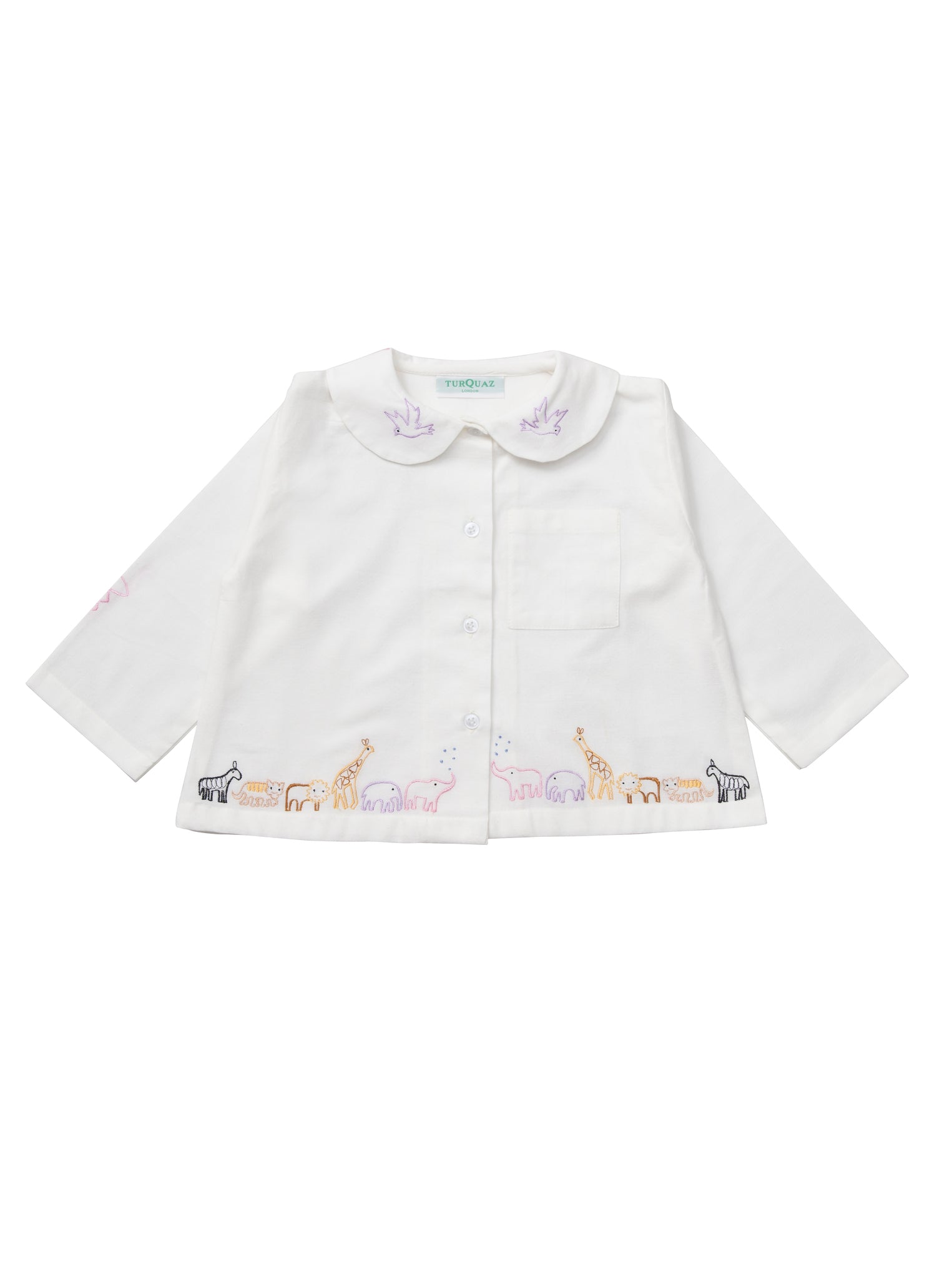 Traditionally styled white pyjamas, made in soft, brushed cotton. The top has lovely colourful animal embroidery, a peter pan collar, chest pocket and fastens with buttons on the front. The matching trousers have an elasticated waist and embroidery above the hem of the legs.