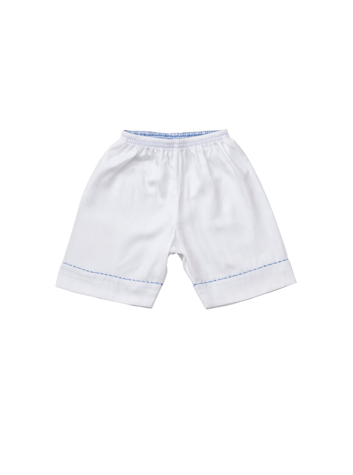 A classic white cropped pyjama set with blue gingham edging for children, from Turquaz.