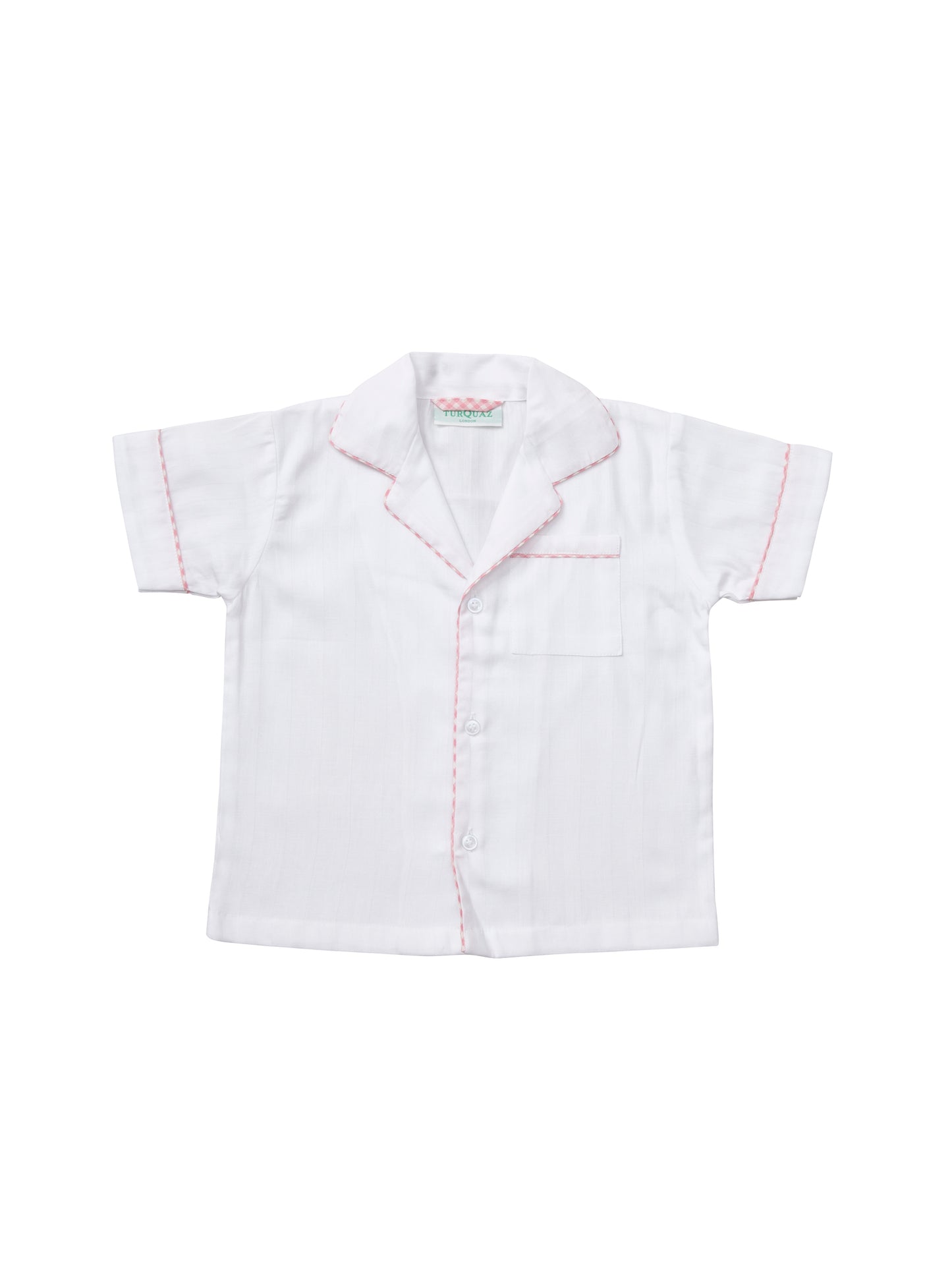 A classic white cropped pyjama with pink gingham edging for children, from Turquaz.