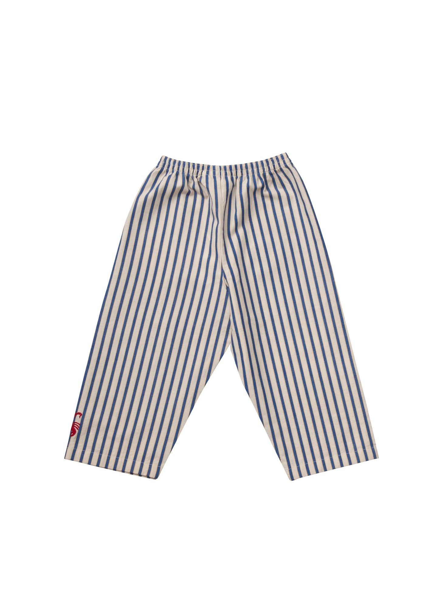Bottoms. Traditional white and blue striped children's pyjamas made in soft brushed cotton with red piping and scorpion motifs.