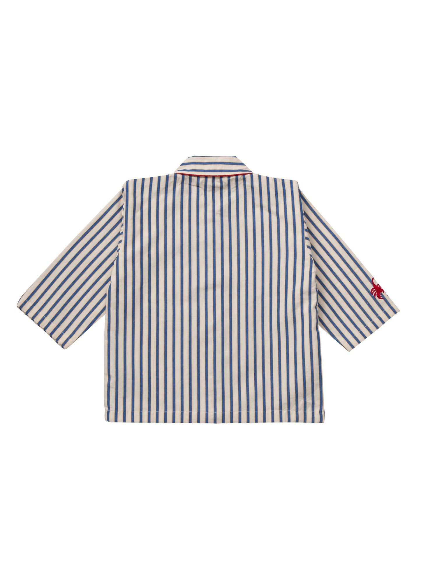 Rear top. Traditional white and blue striped children's pyjamas made in soft brushed cotton with red piping and scorpion motifs. 
