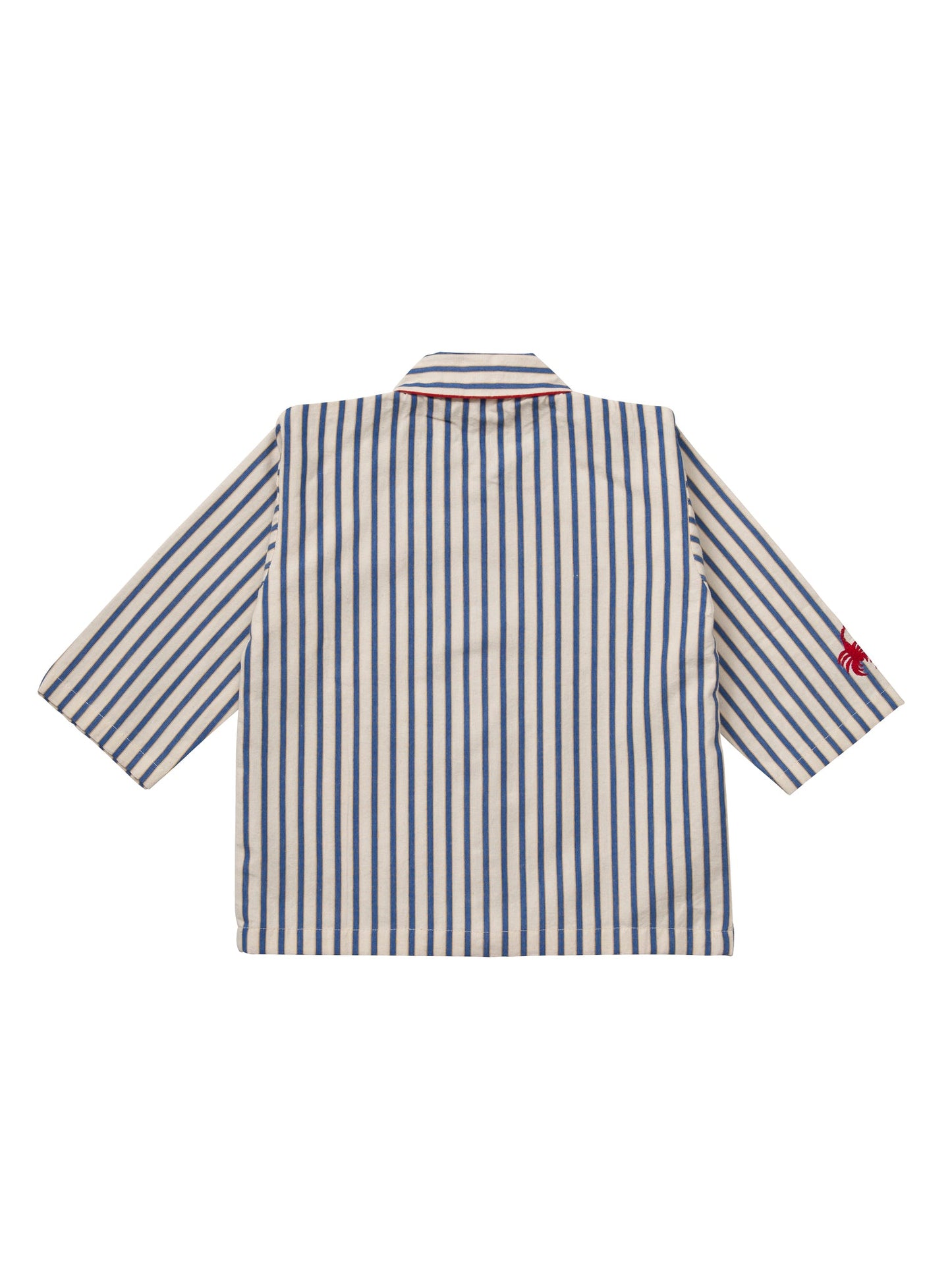 Rear top. Traditional white and blue striped children's pyjamas made in soft brushed cotton with red piping and scorpion motifs.