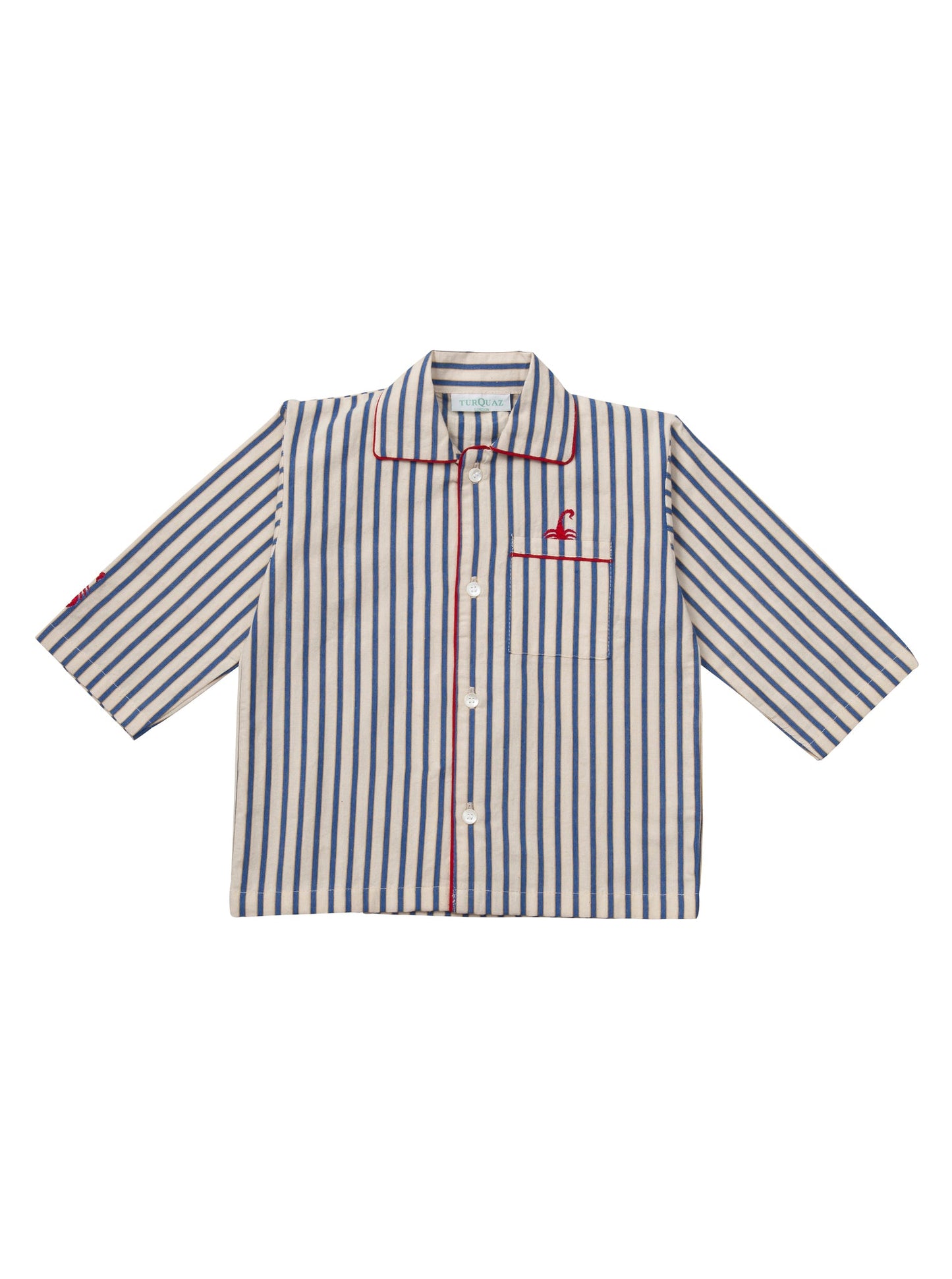 Front top. Traditional white and blue striped children's pyjamas made in soft brushed cotton with red piping and scorpion motifs. 