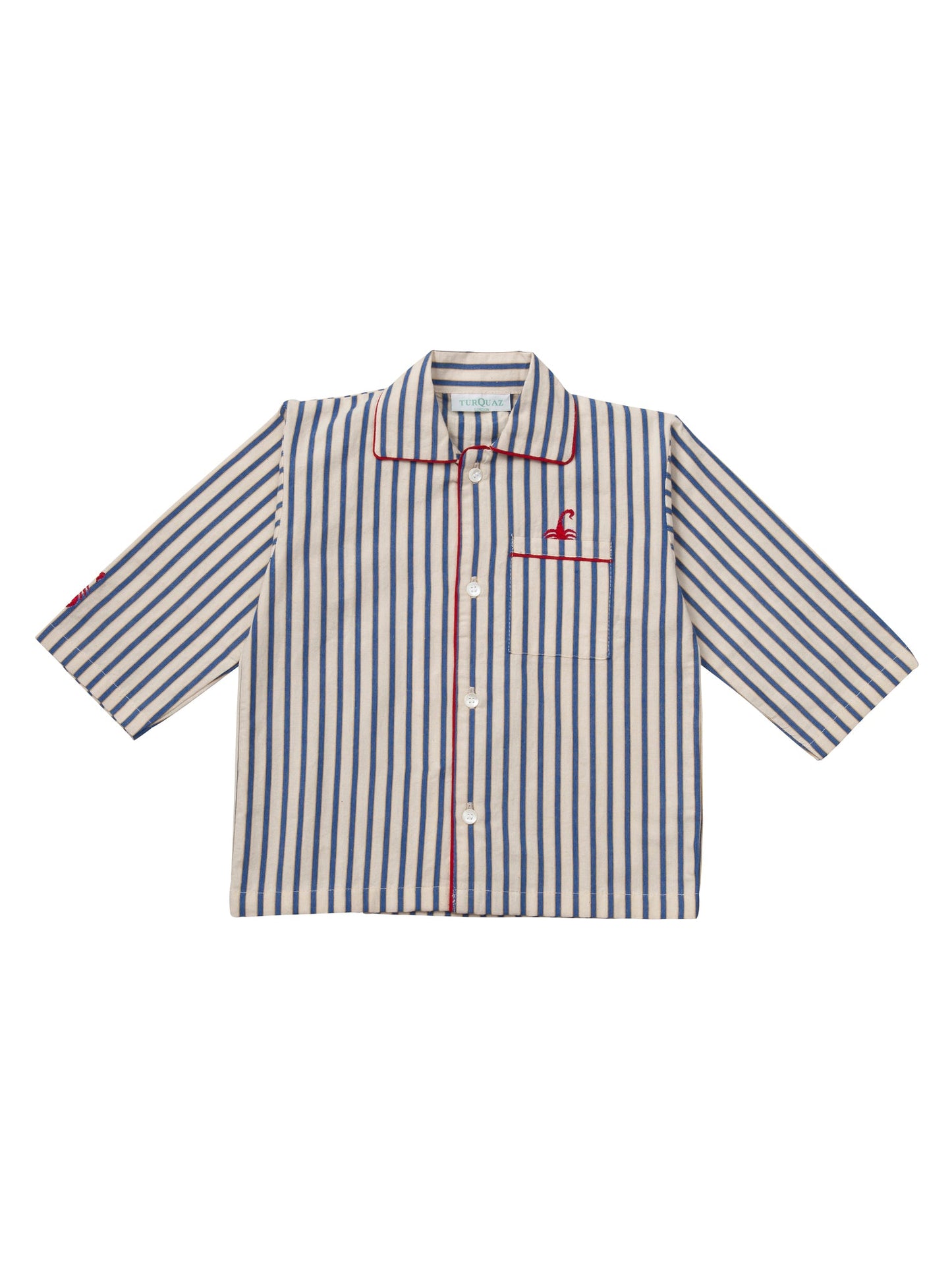 Front top. Traditional white and blue striped children's pyjamas made in soft brushed cotton with red piping and scorpion motifs.