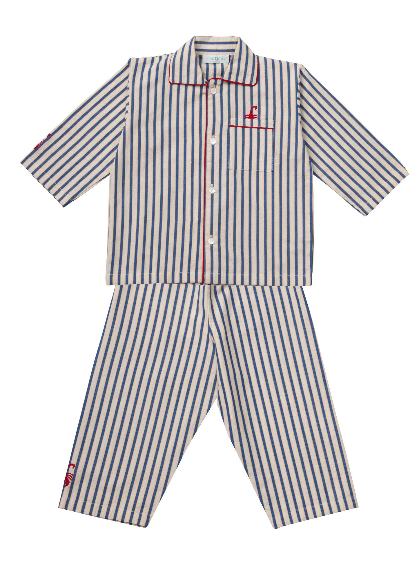 Traditional white and blue striped children's pyjamas made in soft brushed cotton with red piping and scorpion motifs.