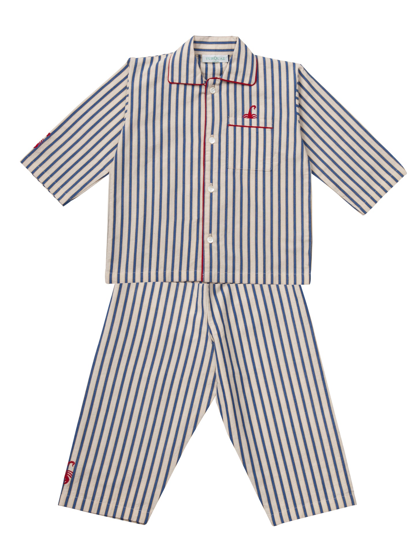 Traditional white and blue striped children's pyjamas made in soft brushed cotton with red piping and scorpion motifs. 