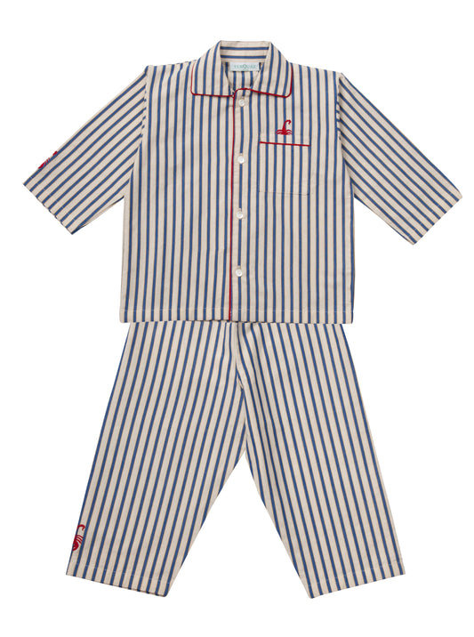 Traditional white and blue striped children's pyjamas made in soft brushed cotton with red piping and scorpion motifs. 