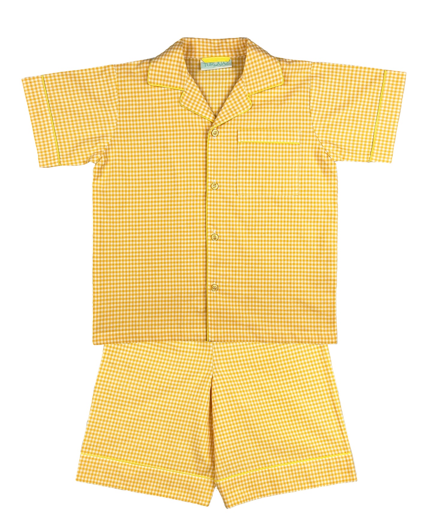 Traditional style cotton pyjama set in a classic yellow gingham for both boys and girls. By TurQuaz.