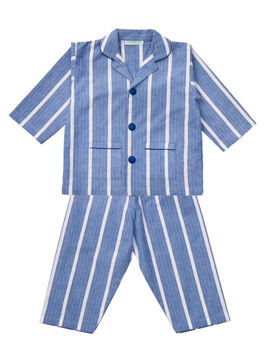 A classic chalk stripe blue cotton pyjama set for children from Turquaz.