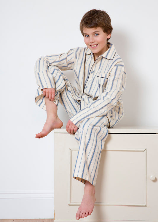 Classic blue and natural cotton striped traditional pyjamas for kids 