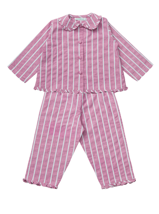 A pink children's pyjama set with a white stripe and frilled edges. From Turquaz.