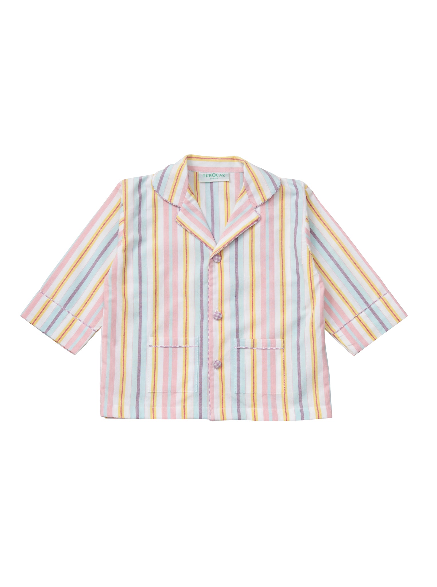 Cotton candy and all things nice, these stripe cotton pyjamas suit all children. From Turquaz. Top front.