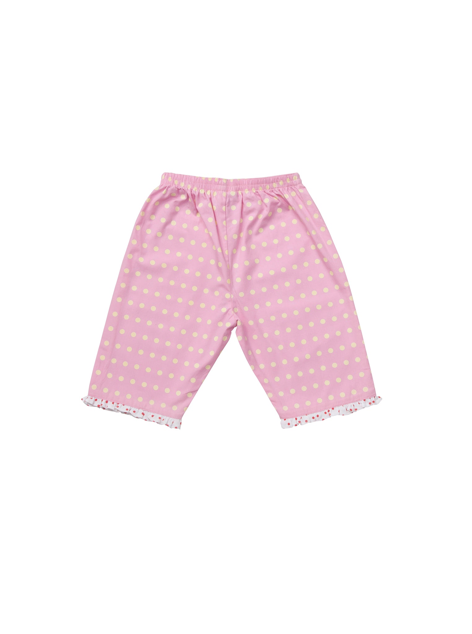 Pink polka-dot children's pyjamas from Turquaz, frilled collar and edging.