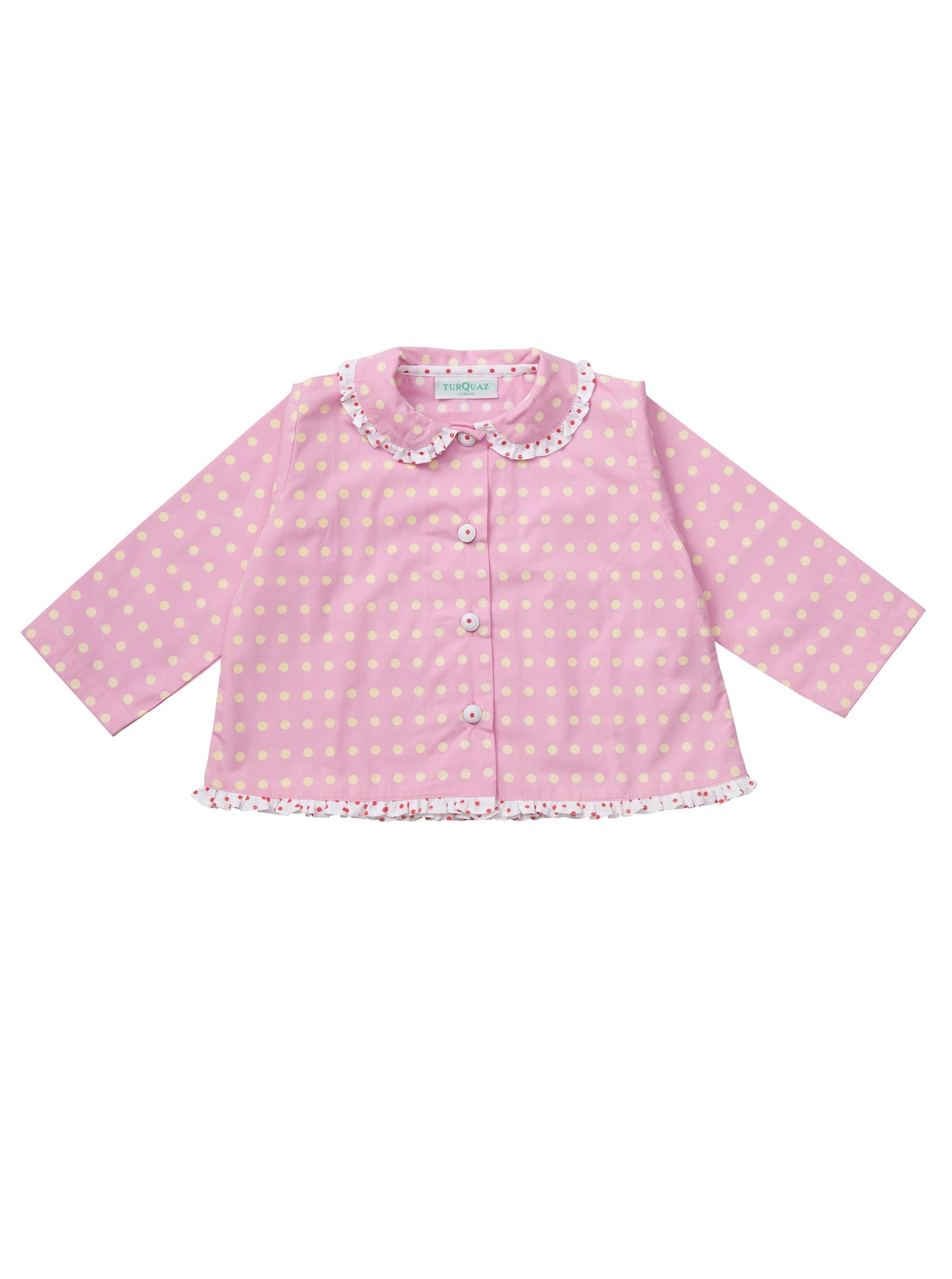 Pink polka-dot children's pyjamas from Turquaz, frilled collar and edging.