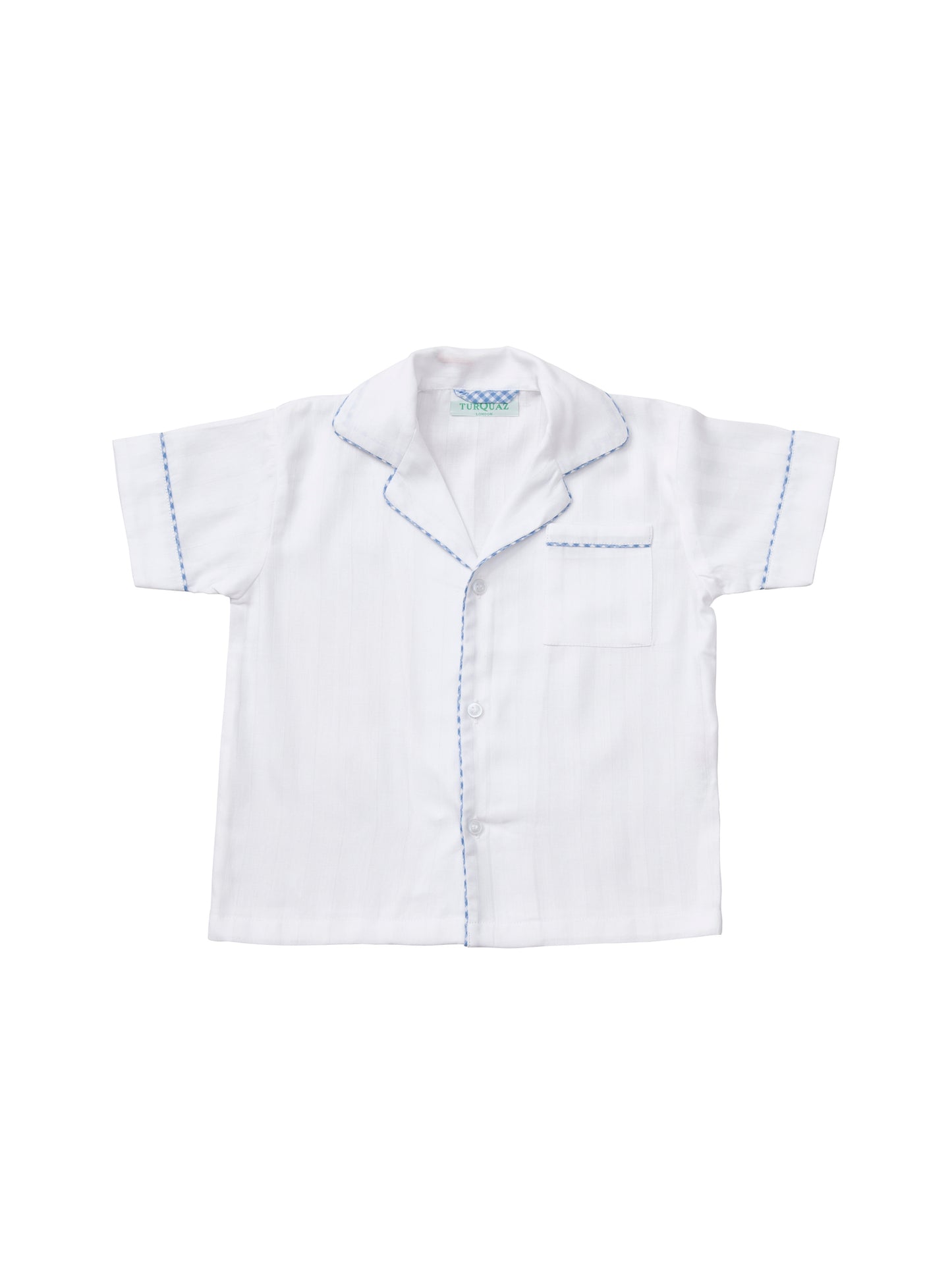 A classic white cropped pyjama set with blue gingham edging for children, from Turquaz.